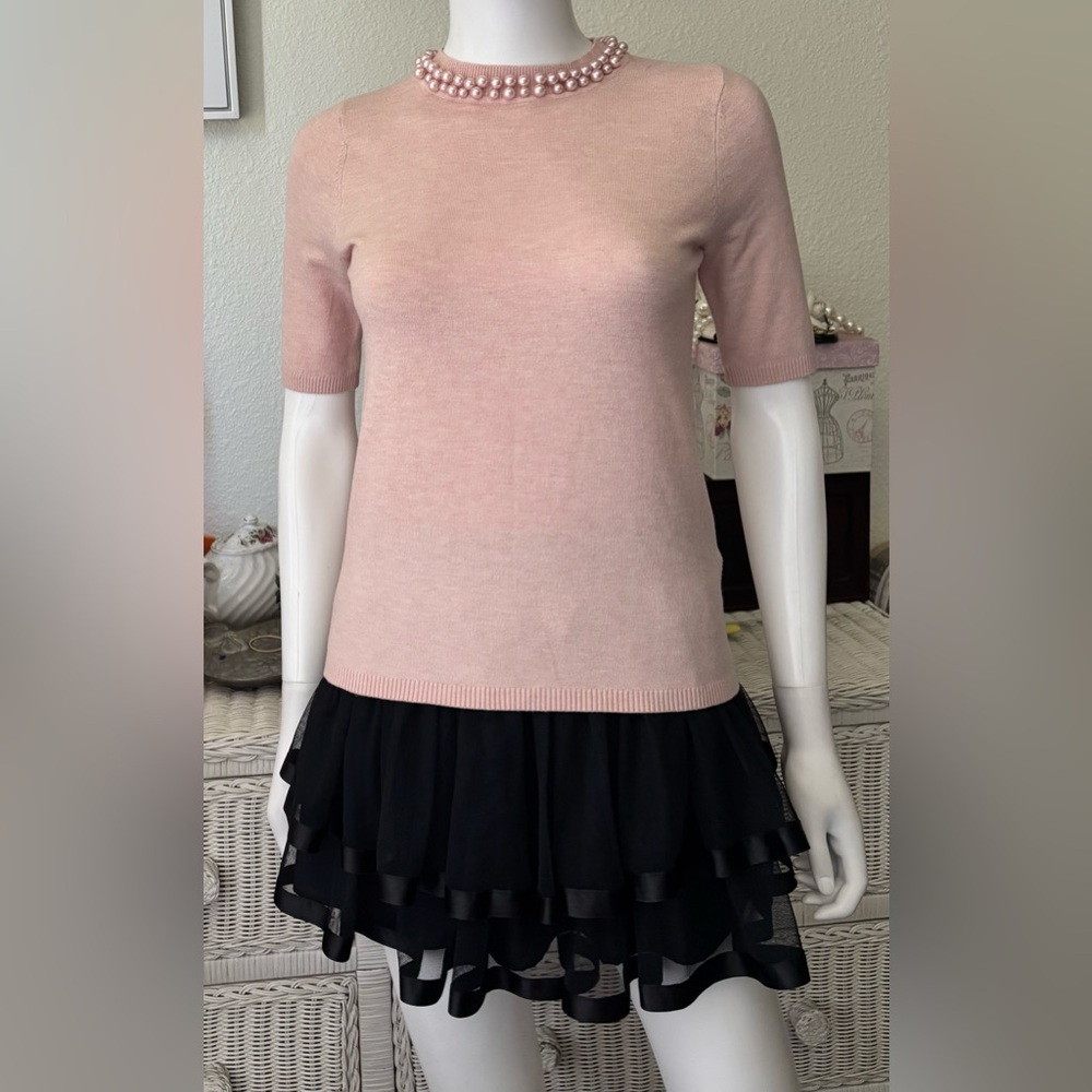 Liv Milano Yummy Pullover Sweater Pearl Embellished Neckline Pink Size XS NWT
